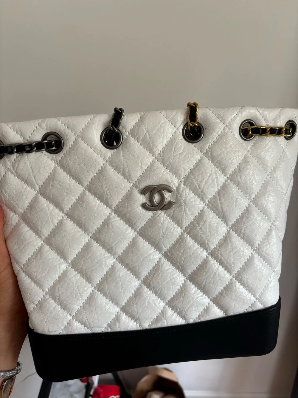 CHANEL White Quilted Leather Tote with Black Base and Mixed Metal Chain Straps